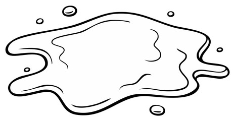 Black and white ink drawing of a liquid spill with small droplets.