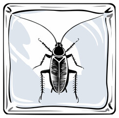 Black and white illustration of a cockroach trapped in a block of ice, with stylized water droplets on the outside.