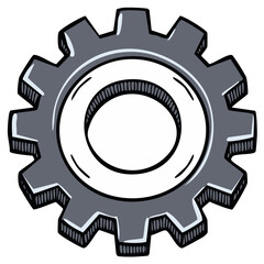 Single isolated gear illustration with dark edges and clear hollow center. Vector art.