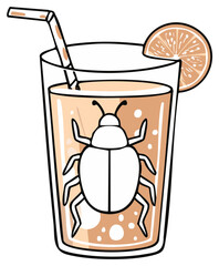 A refreshing juice with a bug inside, glass with straw and citrus slice for summertime cartoon illustration