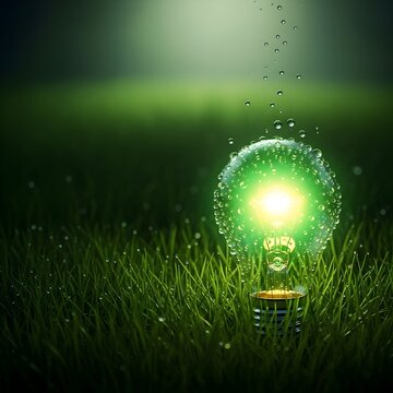 Glowing green light bulb in grassy field at night