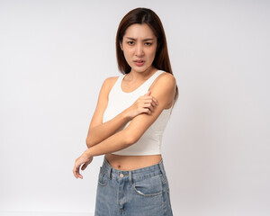 Asian women have skin problems She felt irritation on her skin. Skin infection itching red rash scratching with hands. Unwell unhealthy female standing on isolated background