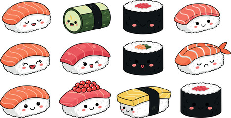 Cute sushi vector illustration set with nigiri maki and rolls featuring happy smiling Japanese food characters on white background © Azgar ali