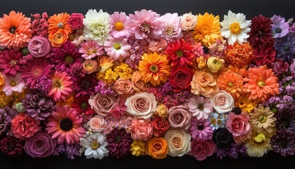 Beautiful flower arrangement of colorful roses, dahlias and daisies on a black background. Use for backgrounds, invitations, greeting cards, or anything that needs a floral touch.
