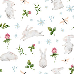 Seamless pattern Easter bunnies rabbits watercolor