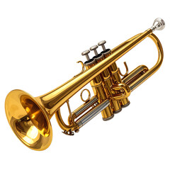 Shiny brass trumpet musical instrument with gold valves and a mouthpiece isolated on a black and white background for jazz band or orchestra
