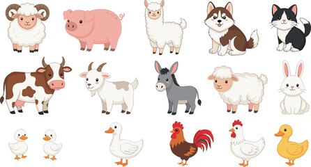 Obraz premium Cute farm animals vector illustration set with cow pig sheep goat donkey horse chicken duck and rabbit characters