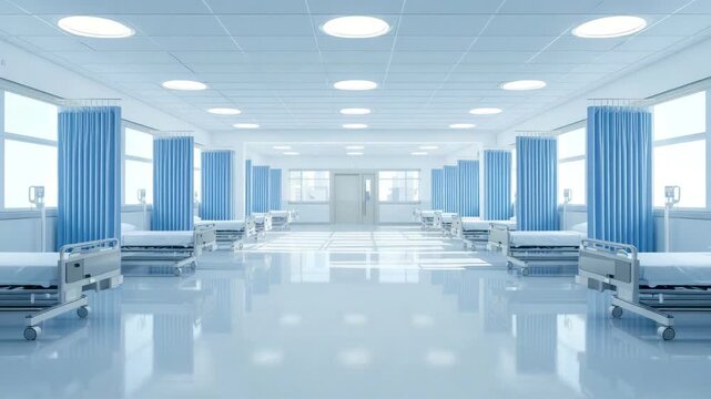 Empty hospital ward corridor with rows of beds and blue privacy curtains