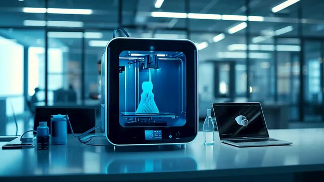 Desktop 3D printer producing small object inside modern office laboratory environment
