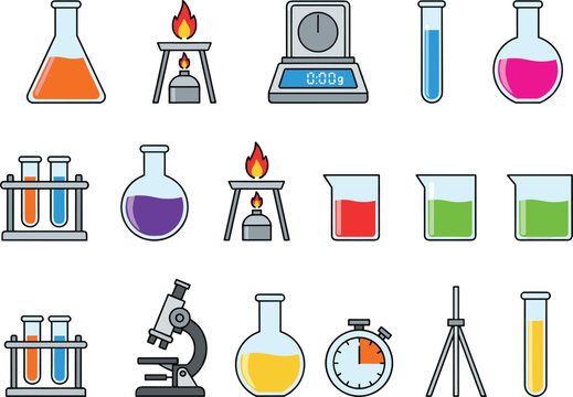 Science laboratory equipment icon set featuring beakers flasks test tubes microscope Bunsen burner and colorful chemical solutions vector illustration.v
