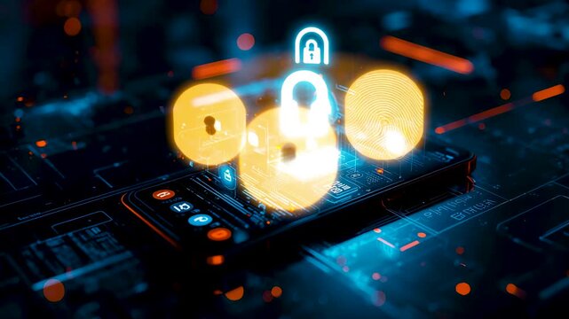 Digital security icons hovering above circuit board with glowing padlock symbols