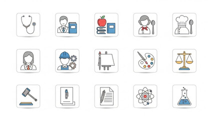 Collection of hand-drawn icons representing various professions and subjects.