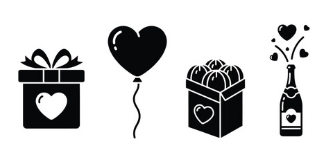 Minimal Gift and Celebration Silhouette Vector Icon Set for Valentine&rsquo;s Day Love Themes