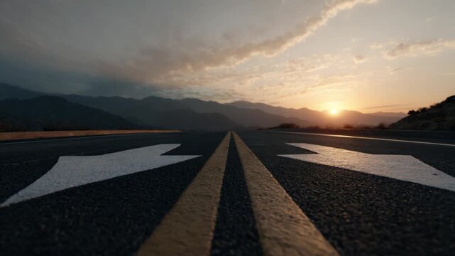 Path of Possibilities: A wide asphalt road splits into diverging directions under a dramatic sunset sky, framed by mountains, symbolizing choices and new beginnings.