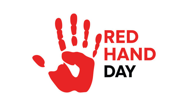Red handprint with bold black text symbolizes protest for child rights, peace, and protection