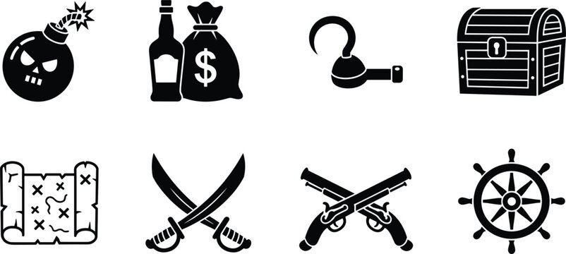 Pirate adventure icon set featuring treasure chest skull bomb map crossed sabers pistols and nautical steering wheel vector illustration.
