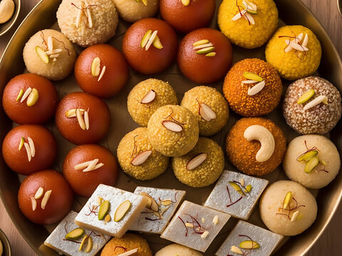 indian sweets, chocolate easter eggs, Rich Assortment of Traditional Indian Sweets. Overhead Flat Lay with Til Ladoo, Gulab Jamun, Barfi, and Other Delicious Desserts. Festive Platter
