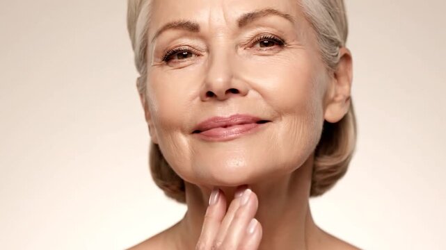 Elegant mature woman gently touching her cheek