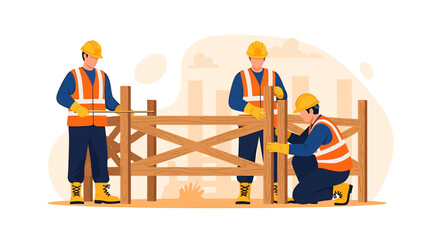 Construction workers building a wooden fence together outdoors.