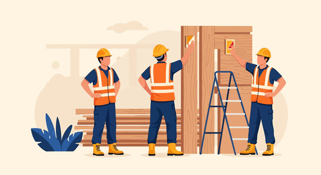 Construction workers in hard hats and safety vests collaborating on site. - Powered by Adobe