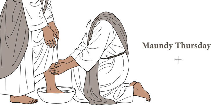 Maundy Thursday washing of the feet vector illustration with Jesus and disciple, Christian holy week religious celebration design element isolated on white background. - Powered by Adobe