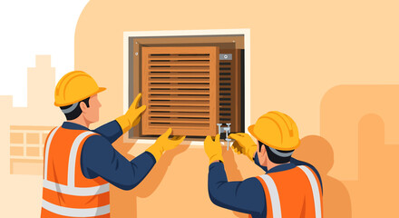 Two construction workers installing an air conditioner unit.