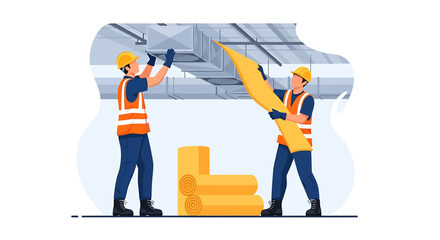 Two construction workers installing an air conditioning unit.