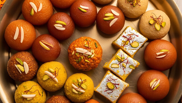 indian sweets, chocolate easter eggs, Rich Assortment of Traditional Indian Sweets. Overhead Flat Lay with Til Ladoo, Gulab Jamun, Barfi, and Other Delicious Desserts. Festive Platter