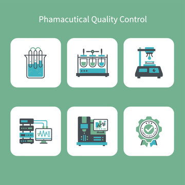 Pharmaceutical quality control and drug testing icons featuring test tubes in beaker, liquid dissolution apparatus, automated lab sampler, data monitoring server and certified compliance quality seal