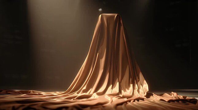 A draped object stands alone on a dark floor illuminated by a spotlight from above
