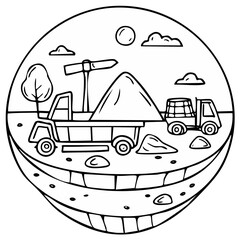 Naklejka premium Cartoon dump truck and lorry at a construction site line art coloring page illustration