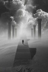 a man is walking up the stairs to heaven, in a black and white, in an endless desert with broken pillars of light shining through. the stairway leads into a foggy darkness.