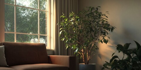 a potted plant in a living room, next to a window with trees outside, white walls, warm lighting, a warm brown sofa.