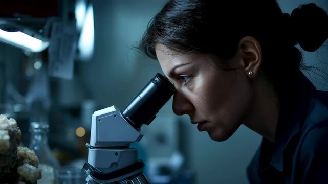 Female scientist looking through microscope while working in laboratory environment