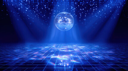 Vibrant blue disco background features shimmering disco ball reflecting light across dance floor, creating energetic and festive atmosphere