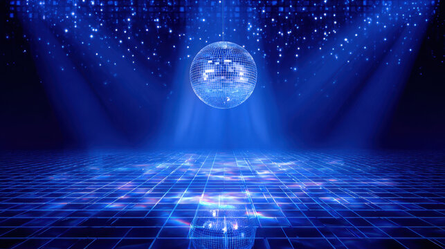 Vibrant blue disco background features shimmering disco ball reflecting light across dance floor, creating energetic and festive atmosphere