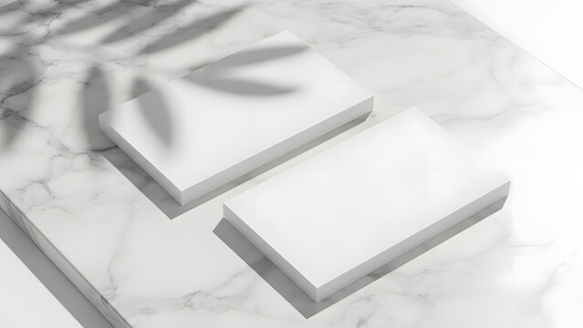 Two blank white business cards lying on white marble surface with natural leaf shadows overhead.