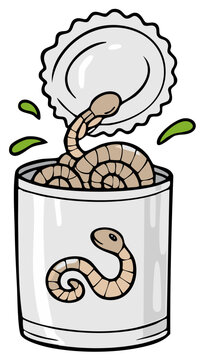 Cartoon worms crawling out of an open can food illustration concept