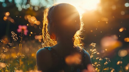 Silhouette of a young woman standing in a field of flowers, looking at the setting sun.