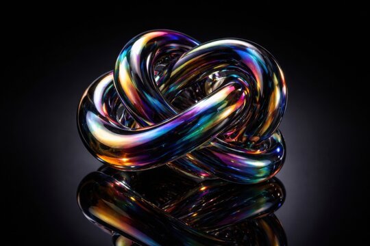 Iridescent Glass Knot on Reflective Surface