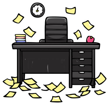 Chaotic Office Desk with Scattered Papers and Flying Sticky Notes