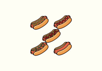 Vector set Concept Five cartoon hot dogs with various toppings, including mustard, ketchup, relish, and plain, in a vibrant illustration.