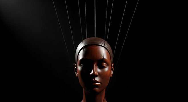 Sculpted head on display, illuminated by a dramatic spotlight, with strings metaphorically pulling towards unseen forces of control or fate