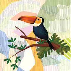 Toucan bird standing on a branch of tree vector illustration. Exotic birds for childrens design of prints, posters, cards.