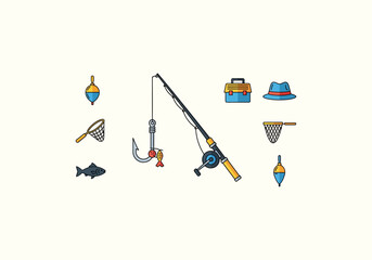 Vector set Concept Fishing Equipment and Accessories - A Colorful Vector Illustration.