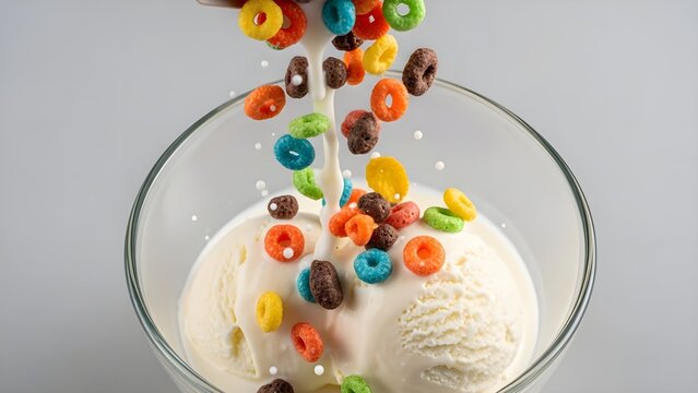 Vibrant Cereal Rings and Fresh Milk Cascading onto Creamy Vanilla Ice Cream in a Clear Bowl, Creating a Delicious Dessert Moment with a Playful Splash
