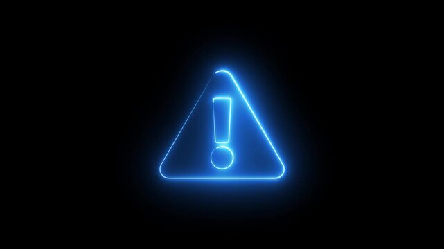 Neon warning attention sign icon animation glowing blue color danger error alert risk stop sign emergency sign icon sign symbol on black background