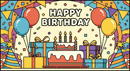 Happy Birthday greeting banner with cake and balloons comic style © Husmath