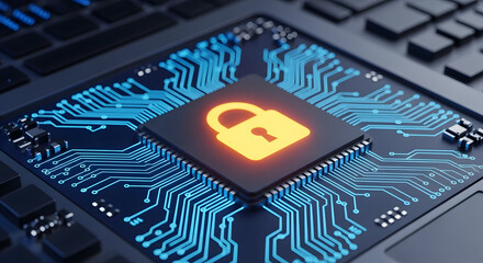 Cybersecurity Chip: Glowing Padlock on a Networked Computer Processor