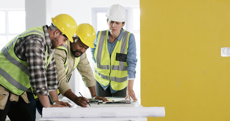 Architecture, blueprint and team drawing for renovation project, building design and planning. Engineer, people and sketch at construction site for floor plan, collaboration and development process